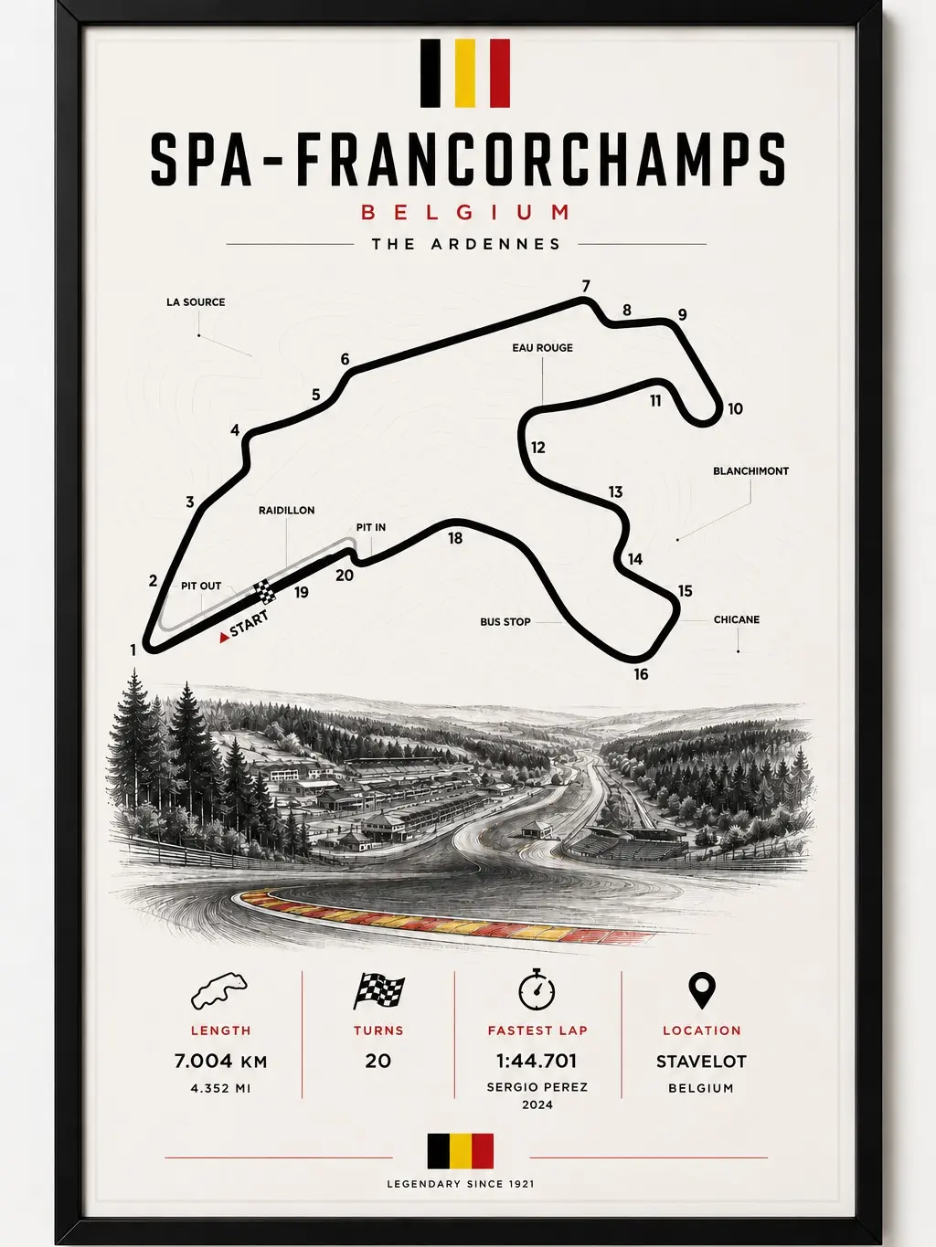 Belgian Grand Prix Track Minimalist Sporty Artwork, Fade-Resistant Luxury Wall Poster Decoration with Black Frame for Home Bedroom, Artistic, Durable