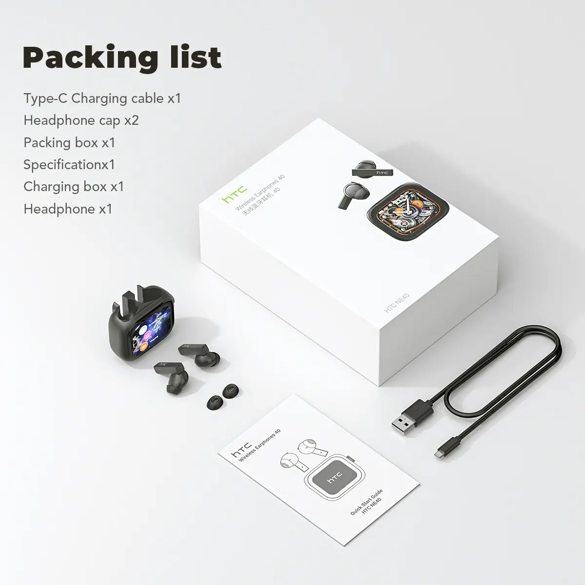 HTC NE40 Wireless Earphones Bluetooth 6.0, LED Display High Fidelity, for Gaming, Office, Sports, Music & Phone Calls TWS Earbuds , IPX5 Waterproof Earphones, Built-in Microphone In Ear Earphones