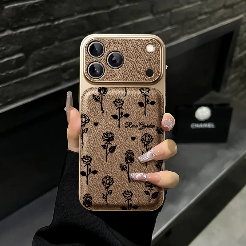 Vintage Rose Garden Print Phone Case Leather Texture Black Rose Pattern Compatible with iPhone 17 Pro Max 16 Pro Max 15 Pro 14 13 12 11 Series Simple Color Matching