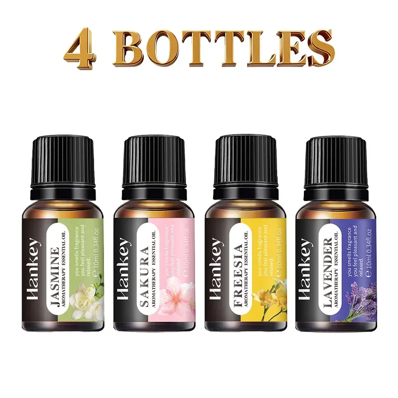4pcs Jasmine Sakura Freesia Lavender Scented Essential Oils, 10ML Aromatherapy Oil for Diffusers, Humidifiers, Car Fresheners, Candle Making, Air Purifier, Calming Home Fragrance, Aroma Scented Floral