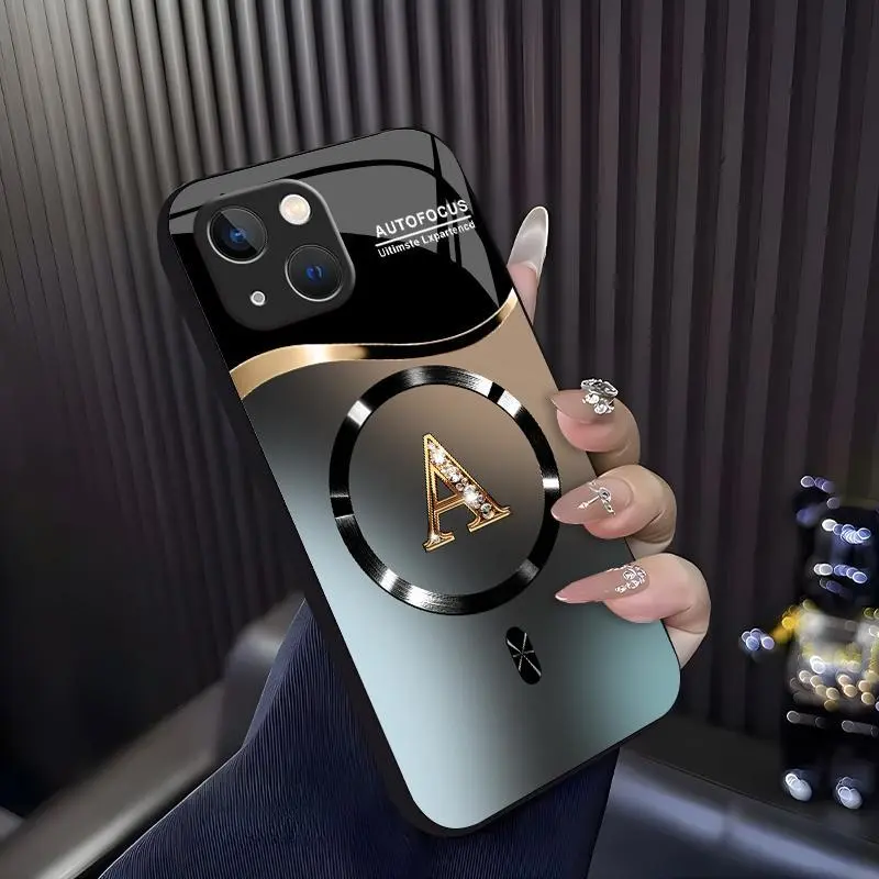 Suitable for [iPhone 15] high-end MagSafe phone case🥰, Features a magnetic attachment function Luxury Gradient Metallic Bling Rhinestone 26 Initial 952