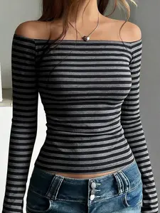 Women's Off Shoulder Striped Long Sleeve T-Shirt, Slim Fit Y2K Style Top For Casual Outings & Date Night Womenswear