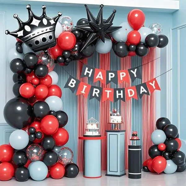 "Elegant Birthday Party Supplies, Foil Balloons and Fringe Curtains for 16th 18th 21st Milestone Celebrations, Red Black White Theme Decor, Reusable Happy Birthday Banner, Durable Backdrop for Men's Adult Parties"