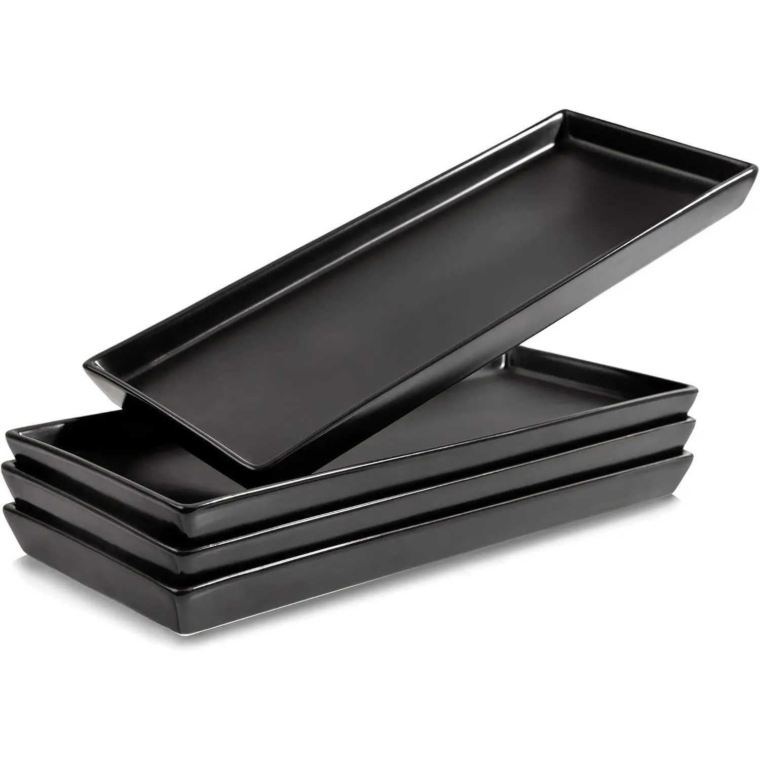 Matte Black Solid Synthetic Ceramic Large Size Smooth Rectangle Serving Platters (14x6 in) - Oven-Safe Set of 4, Up to 400 Degrees, Durable Dinnerware, Dishwasher Safe, Ideal for Entertaining Events