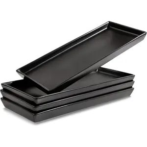 Matte Black Ceramic Serving Platters (14 x 6 Inch Rectangle Plates) Serving Dishes for Entertaining, , Appetizers, Desserts, Cheese Board, Charcuterie, Sushi - Set of 4 Party Trays