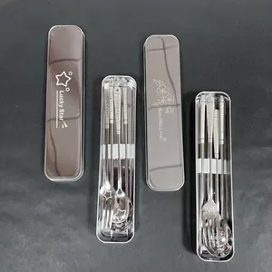 304 stainless steel spoon, fork, chopsticks, creative, cute, convenient utensil set, student/office worker storage box, four-piece set.