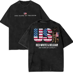 Red White & Belgian Malinois 250 Years of Loyalty T-Shirt, USA Flag Patriotic Dog Shirt, Vintage Washed Cotton 250 Years of Freedom Tee for Dog Lovers