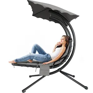 Hanging Chaise Lounger Chair Arc Stand Porch Swing Chair with Canopy Outdoor Freestanding Swing Hammock Chair for Patio Backyard Garden