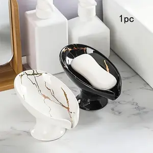 Marble Pattern Soap Dish, Soap Tray, 1 Count Leaf Shaped Self-draining Soap Bar Holder, Soap Bar Storage Rack for Bathroom Kitchen Dormitory Hotel, Bathroom Accessories