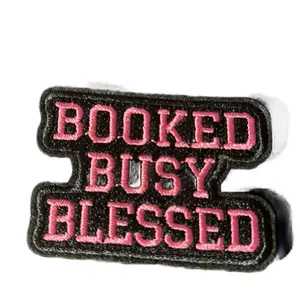 Booked Busy and Blessed hot pink and black iron on patch