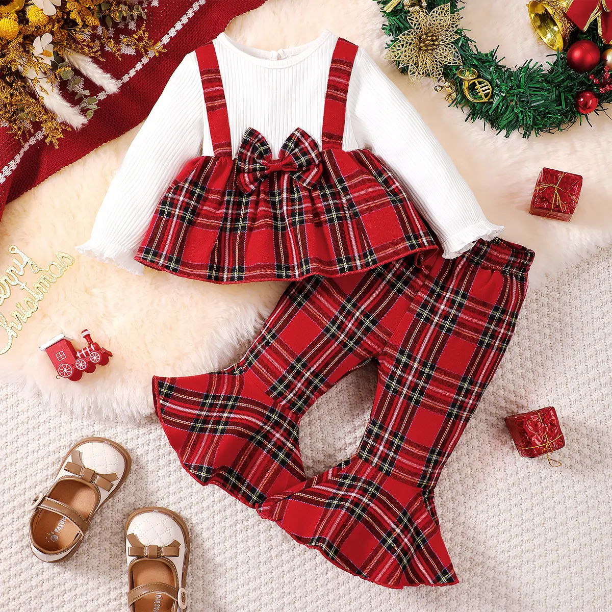 Ready Stock Christmas Outfits For 6m-3y Baby Girls Plaid Bow Patchwork Long Sleeve Tops & Bell-bottomed Pants Set 2pcs Clothing 22410033