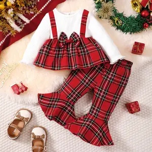 Ready Stock Christmas Outfits For 6m-3y Baby Girls Plaid Bow Patchwork Long Sleeve Tops & Bell-bottomed Pants Set 2pcs Clothing 22410033