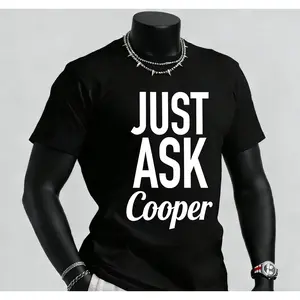 Just Ask Cooper  Black T-shirt with the design printed on the front