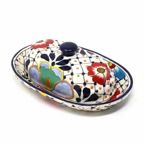 212 MAIN Lead-Free Artisan Handcrafted Floral Pottery Butter Dish - Traditional Dots & Flowers Design, Essential Kitchenware Item
