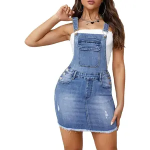 Women's Sleeveless Raw Hem High Waist Jumpsuit Flap Pocket Overall Denim Mini Dress
