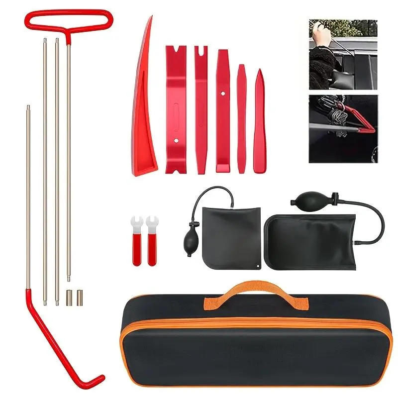 17-Piece Portable Stainless Steel Trim Removal & Automotive Repair Tool Kit - 5 Wheel-Nail Pullers, 68-in Puller, J-Shaped Hooks - for Car, Truck Repair, Vehicle Accessories, Trim Removal Tool