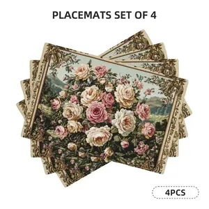 4-piece/6-piece retro floral patterned linen placemat set, heat-resistant, non slip, washable rectangular placemat, used for decorating holiday family gatherings and parties