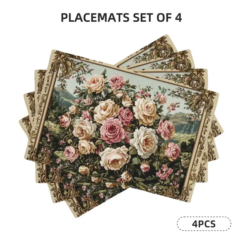 4-piece/6-piece retro floral patterned linen placemat set, heat-resistant, non slip, washable rectangular Table Placemats, used for decorating holiday family gatherings and parties, Washable Placemats