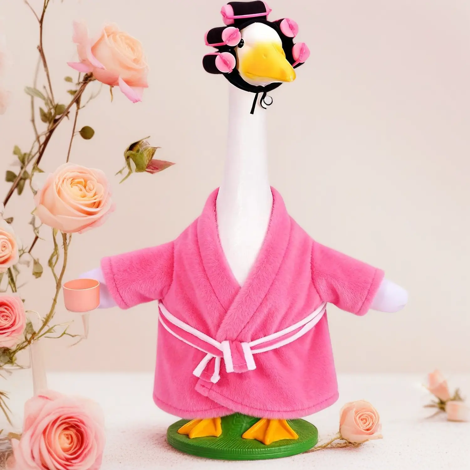 23 Inch Porch Goose Old Lady Outfit, Pink Bathrobe Costume with Coffee and Curlers, Complete Dress Up Set for Lawn Yard Garden Patio Outdoor Decor