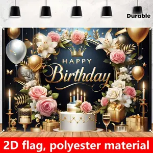 Durable 2D Flat Elegant Happy Birthday Banner Floral Golden Design with Cake Gifts Candles Perfect for Birthday Photography Backdrop Party Decorations