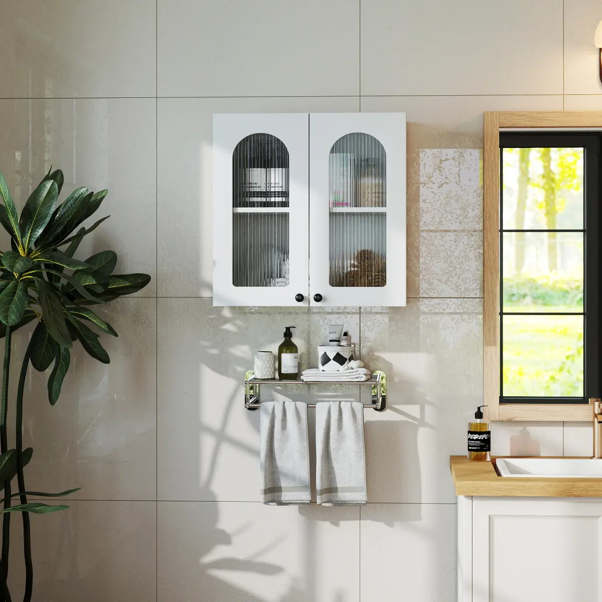 Wall Cabinet,Arched Glass door Display Wall Mounted Cabinet, Floating Cabinet with inadjustable Shelves for Kitchen,Bathroom,Living Room