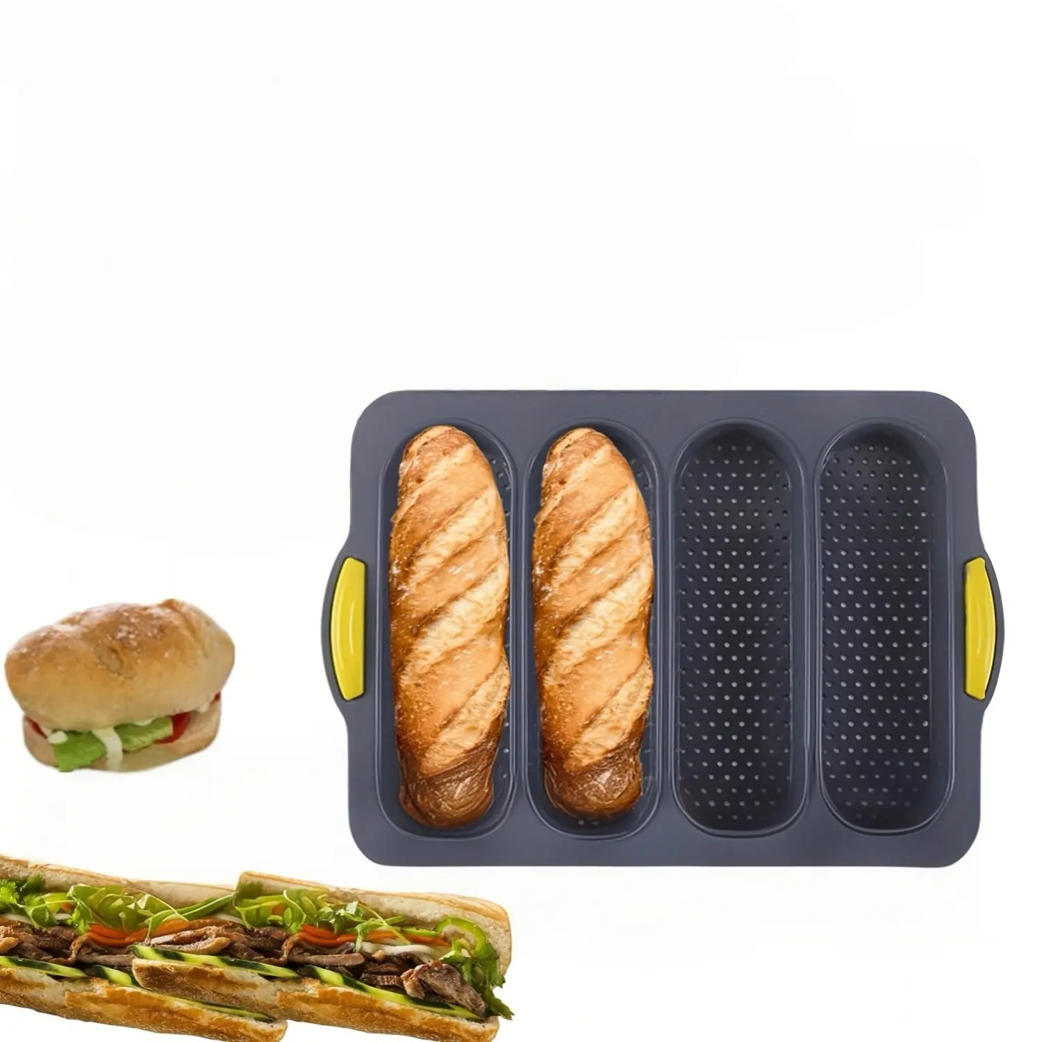 French Bread Tray, Food Grade Silicone Four-Hole Bread Plate, Silicone Loaf Molds, Non-Stick French Baking Tray, Oven Safe, Easy Release, Kitchen Tool, Baking Supplies, Ideal Gift for Home Chefs