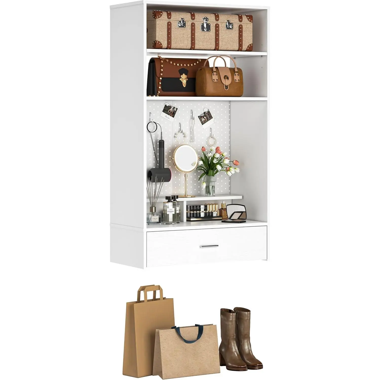 Unikito 24-in Modern Wood Finish Wall Mount Closet System - Drawers, Magnetic Pegboard, Vanity Storage Shelves, Multipurpose Organizer Desk for Bedroom, Mudroom (Easy Setup), Magnetic Board