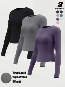 Women's Round Neck Slim Fit Long Sleeve Sportswear Casual Yoga Top, Comfortable Running Fitness Tee, Inner Layer Outer Wear