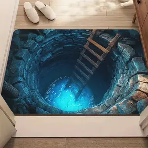 1pc 2D Illusion Cave with Ladder Pattern Texture Deep Hole Rug Non Slip Optical Effect Floor Mat for Living Room Bedroom Home Decor
