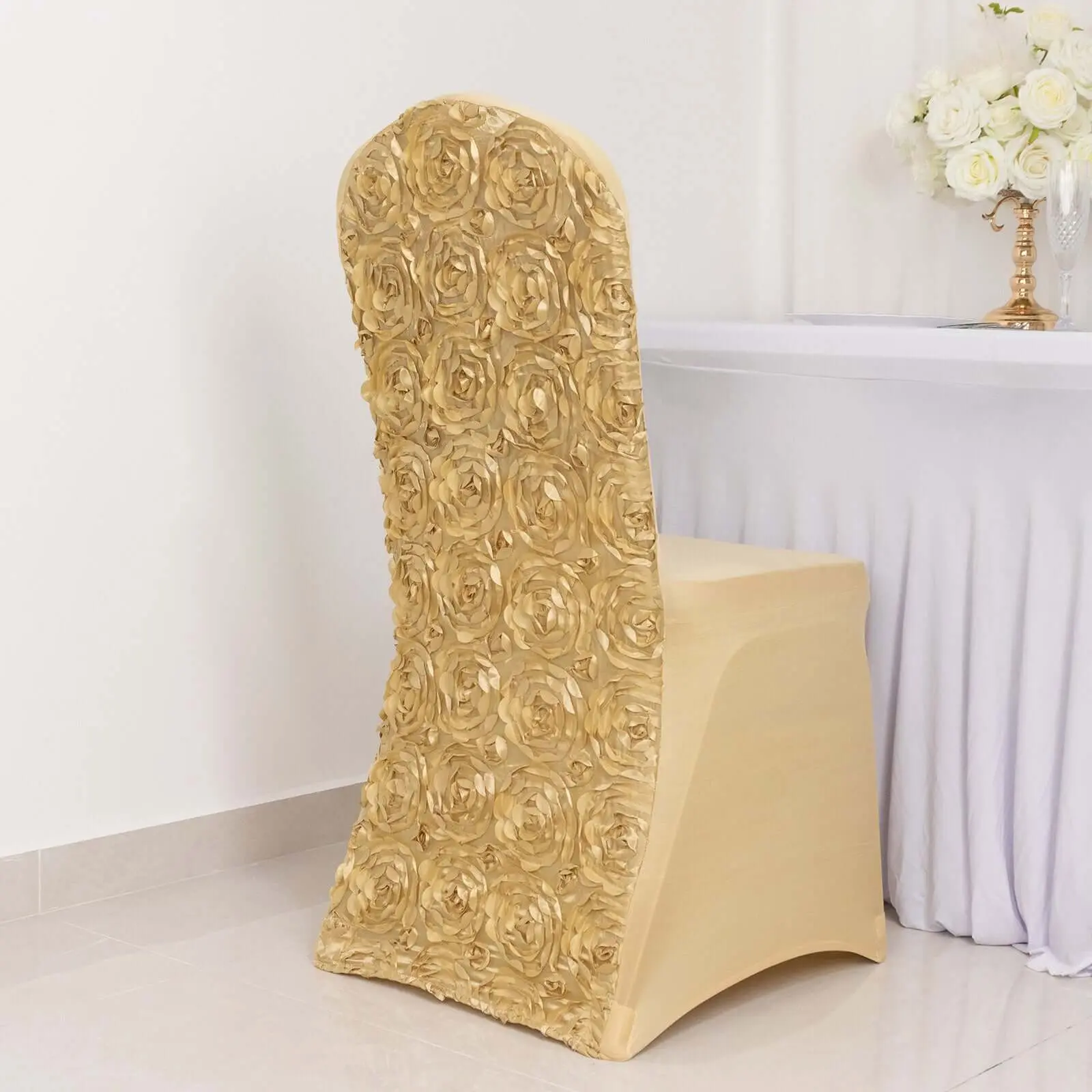 Satin Rosette Spandex Stretch Banquet Chair Cover Champagne - Fitted Slip-On Slipcover, Chair Seat Slipcovers, Dining Chair Slipcover