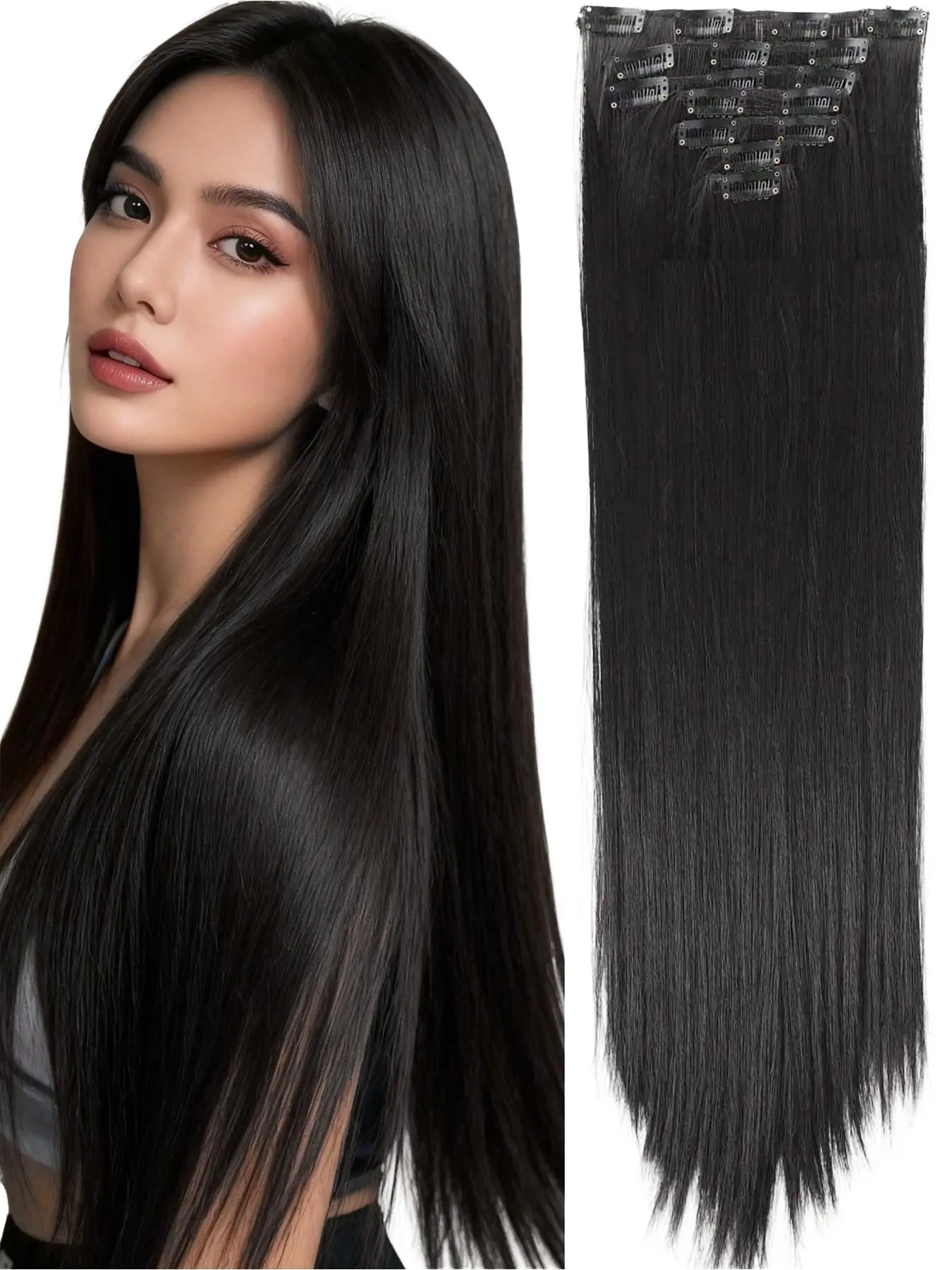 Women's 7-Piece Set 24-Inch Straight Clip-On Detachable Wigs, Synthetic Fiber Full Head Extensions, Fashionable Hairstyles