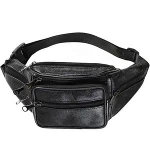 Genuine Leather Fanny Pack Multi Zippered Waist Bag Hip Belt Purse Black Pouch