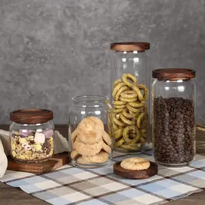 LDQ Wooden Lid Glass Storage Jar Set - Versatile Airtight Containers for Pantry, Kitchen & Catering | Perfect for Coffee, Tea, Spices, Flour, Sugar, Cookies, Pasta, Nuts & More | Stylish Countertop Display & Organization(4pcs)