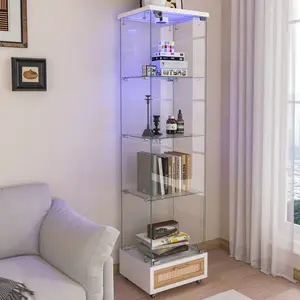 Modern Glass Display Cabinet with Drawer , Quick-assembly Antique Cabinet with LED lights, Tempered Glass Bookshelf,  1-Door Storage Case with 4 Shelves  for Living Room and Bedroom, white and natural