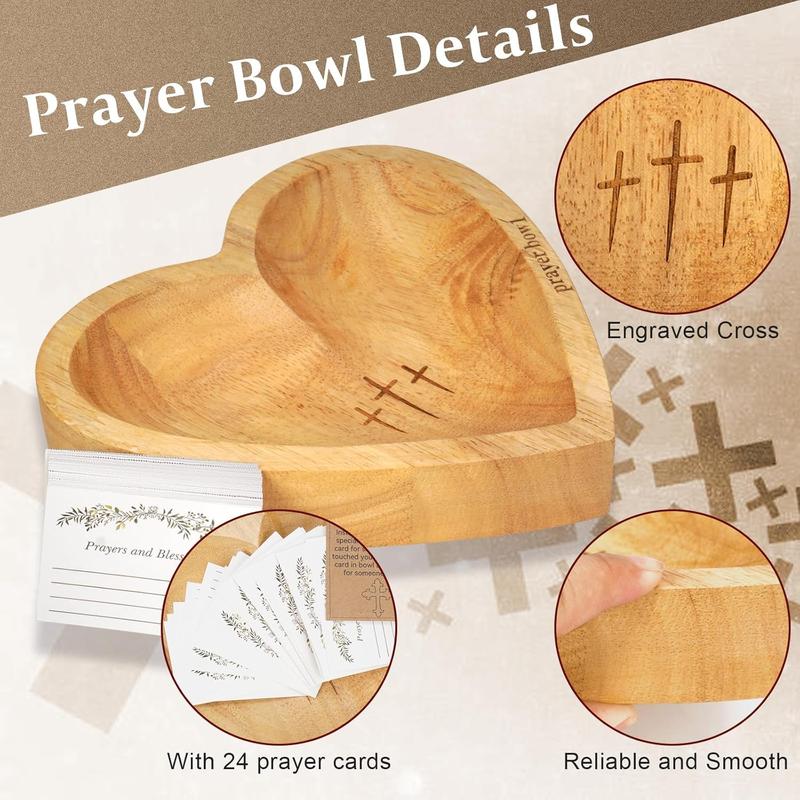 Christian Gifts for Women - Wooden Heart Prayer Bowls Dough Bowl Plates Decor for Table Centerpieces Home Party Wedding Décor with 24 Cards, Canvas Bag, Cross Necklace Mothers Day Gifts Religious Handcrafted vintage