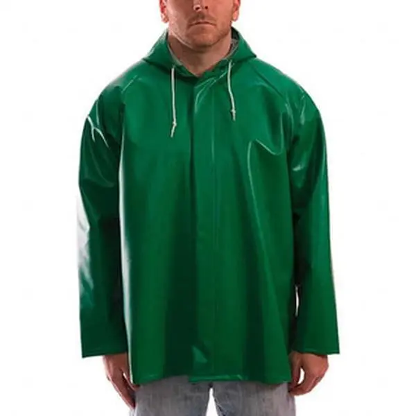 Tingley J41108.XL Men's Long Sleeve PVC-Polyester Chemical & Flame Resistant Work Safety Jacket, 58" Chest, Green, Attached Hood, Fly Front Closure, Open Wrists