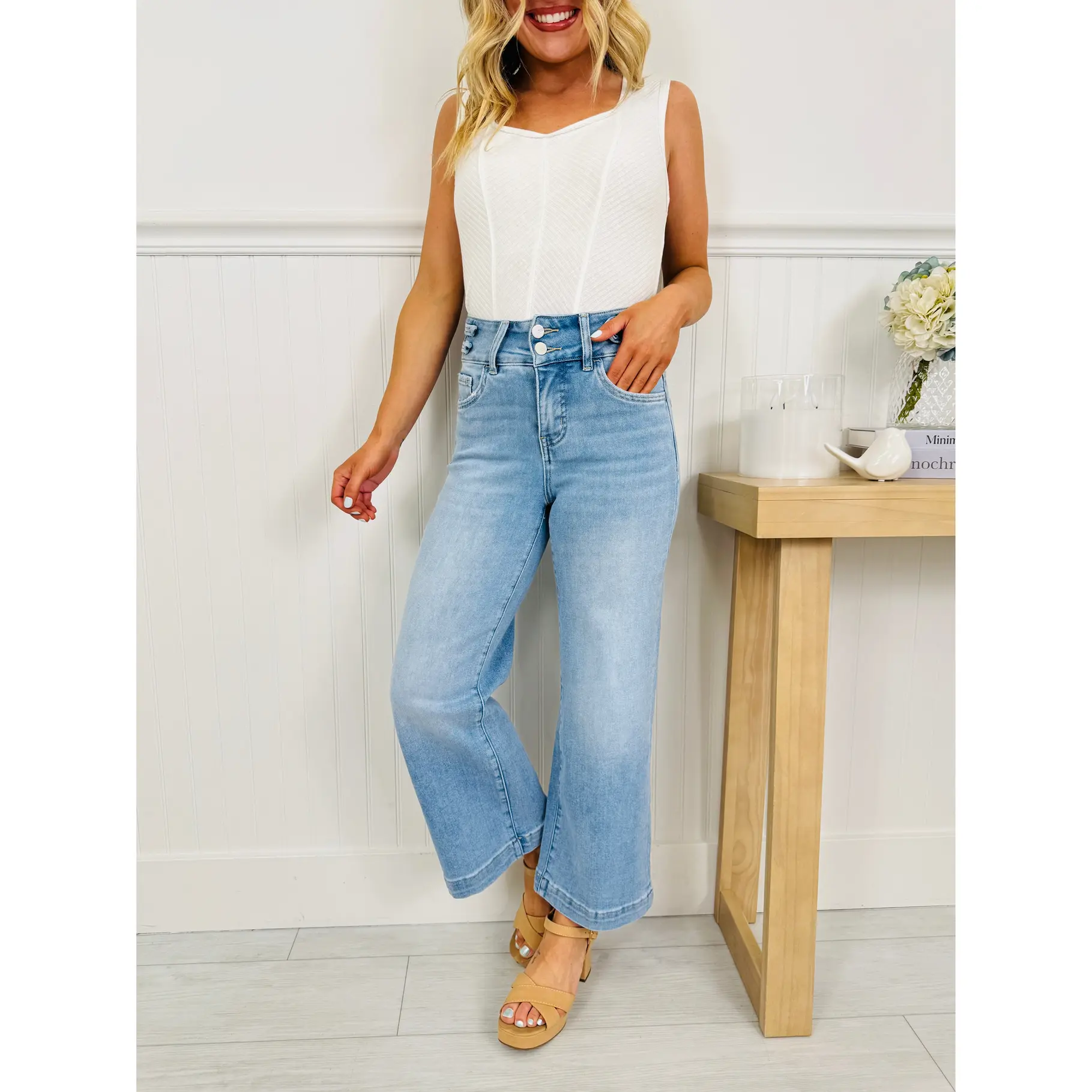 Double the Fun Wide Leg Cropped Tummy Control Jeans