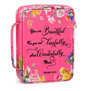 Women's 10x7.5" Polyester Floral Print Portable Zippered Carrying Case, Pink Flower Design Office Desk Organizer, Ideal for Bible Study & Daily Use