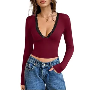 Women's Spring Fashion Solid Color Deep V Neck Blouse, Long Sleeve Lace Patchwork Slim Crop Top, Sexy Lace Trim Fitted T-Shirt, Great for Shopping, Gathering & Going Out Outfits
