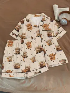 Women's 2 Piece Pajama Set, Casual Fitted Short Sleeve Top and Shorts, Cute Cartoon Animal Print, Summer Home Wear