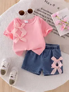 Baby Girls Casual Summer Gift Set, T-Shirt + Dual Bow Denim Shorts, Dual Bow Detail, 2-Piece Fashion Ensemble for Toddlers, Comfortable Daily Wear