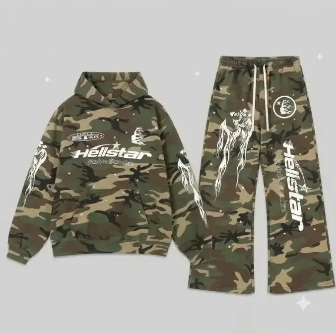 Hellstar Racer Tracksuit Vintage Camo Flame Graphic Hoodie Sweatpants Set Oversized Streetwear Jogger Set, Unisex Streetwear Set, Oversized Streetwear Outfit