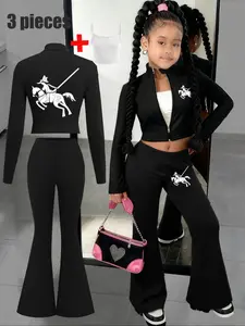 Three-piece set, Casual outfit set Girls' knight and horse white pattern printed coat + flared pants + camisole three-piece set, comfortable and casual, suitable for street-style girls, excluding bags