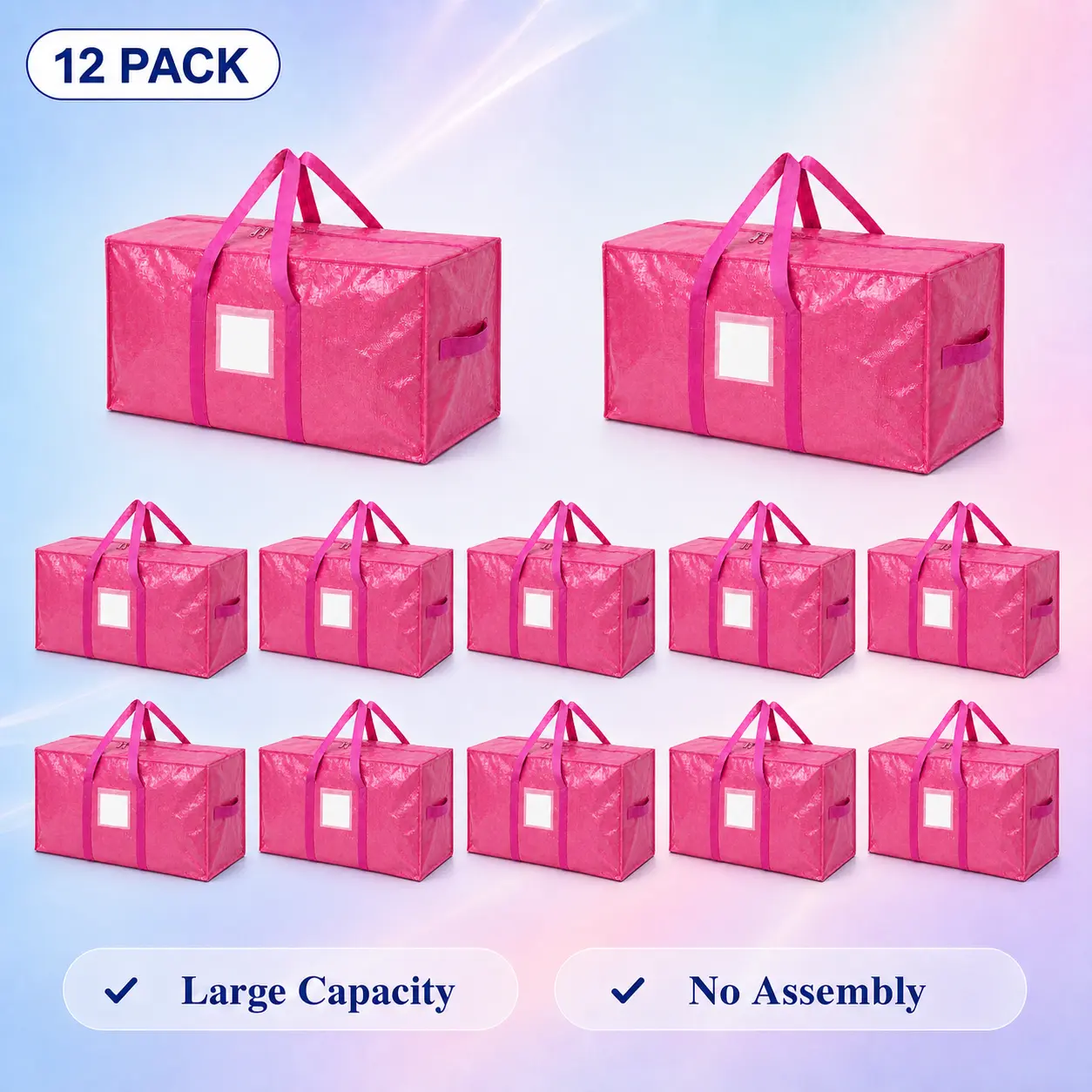 24-Gallon Extra Large Heavy-Duty Thick Plastic Foldable Storage Bags Tote Pack (6-Pack/12-Pack) - Clear/Blush Pink Waterproof Reusable Home Organizers with Reinforced Handles, Zippers, Label Pockets for Storage Organization, Moving Trips, Clothes