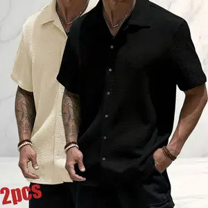 2-pack men’s Cuban collar short-sleeve shirts—light business casual for everyday wear. Breathable, abrasion-resistant, wrinkle-resistant textured fabric that resists wrinkles and is easy to care for. Classic Cuban collar design—simple yet sophisticated—wi