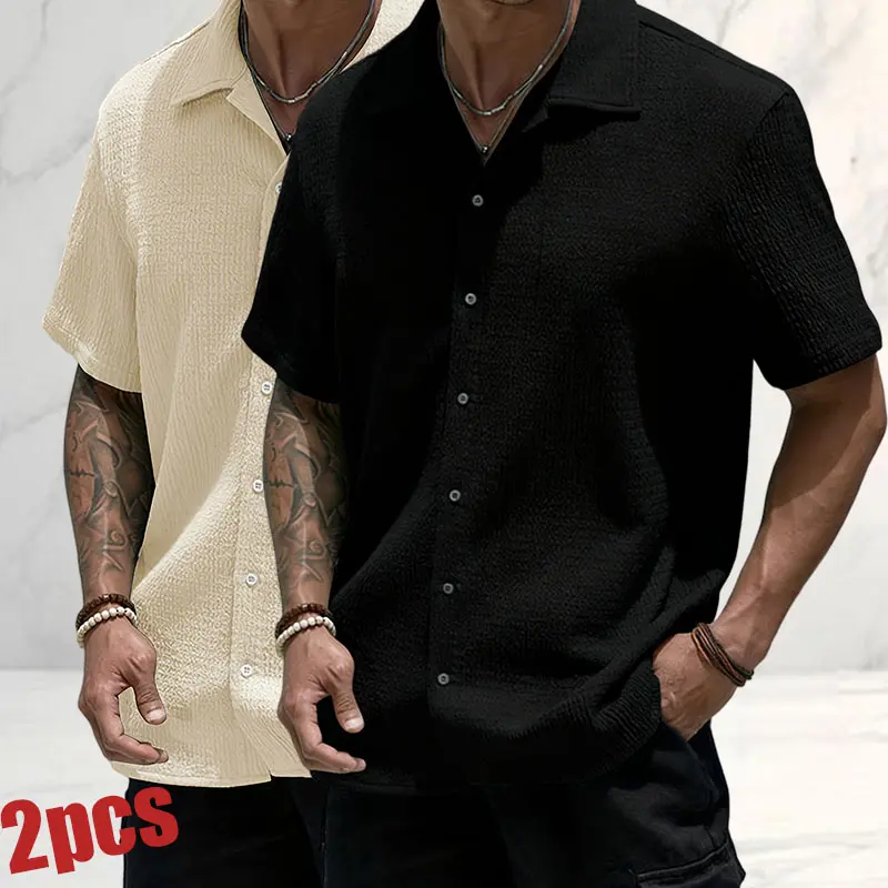 2-pack men’s Cuban collar short-sleeve shirts—light business casual for everyday wear. Breathable, abrasion-resistant, wrinkle-resistant textured fabric that resists wrinkles and is easy to care for. Classic Cuban collar design—simple yet sophisticated—wi
