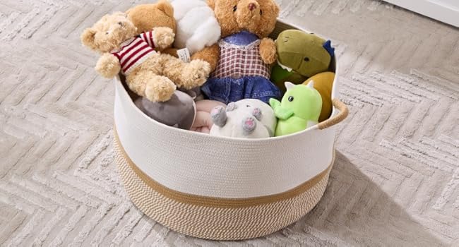 Woven cotton rope large storage basket, 20 in x 13 in, 85L, decorative nursery basket for room organization, suitable for pillows, blankets, and doll storage.