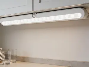 LED cabinet and closet light with 20 high-brightness beads. Wireless battery or DC powered, built-in motion and light sensors for auto on/off. Adjustable light beam, ideal for under cabinet and enclosed space use.