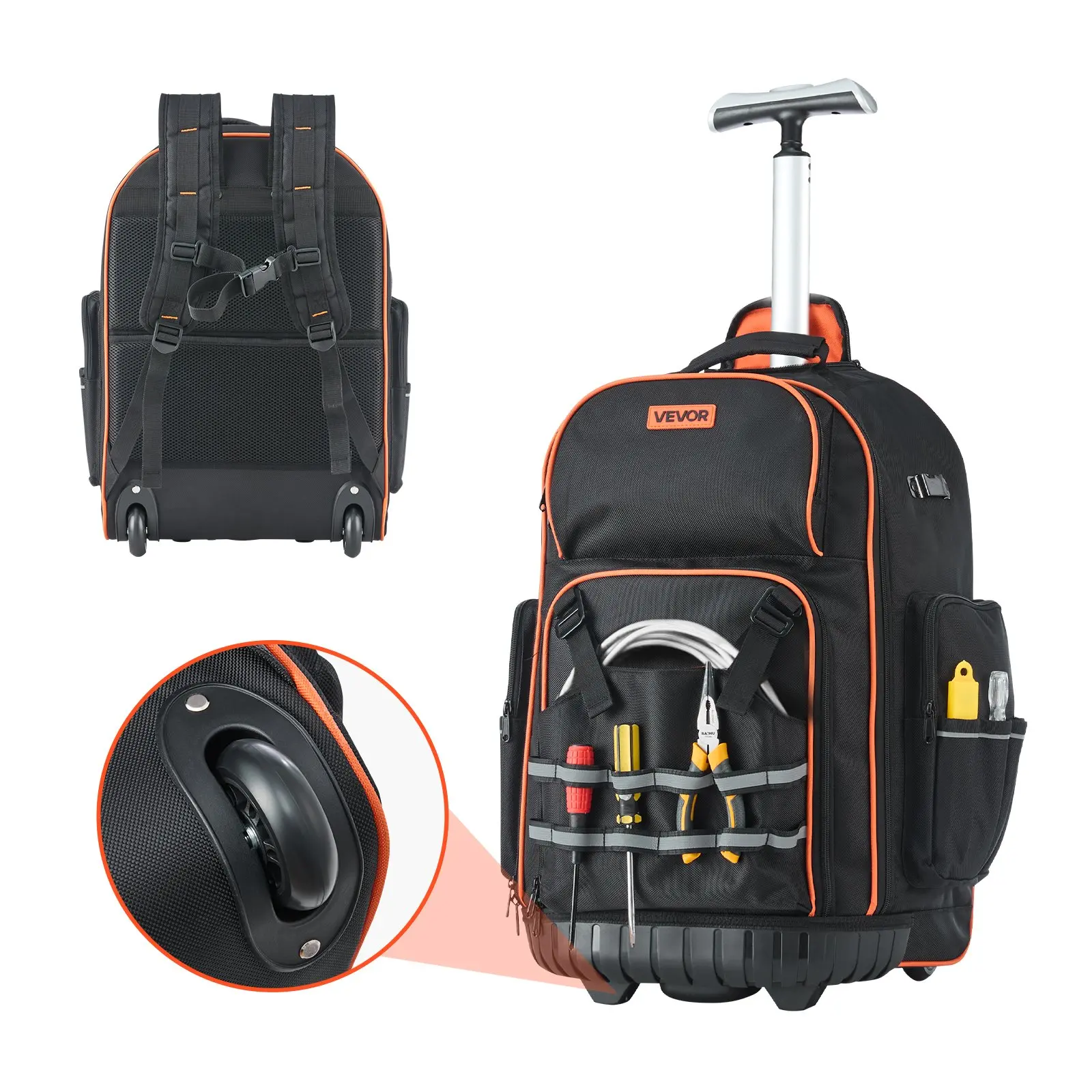 VEVOR Rolling Tool Backpack, 110 lbs Load Capacity, 72 Pockets Heavy Duty Roller Tool Bag on Wheels, Adjustable Telescoping Handle Stable Base, Toolbag Organizers for Construction, Mechanic