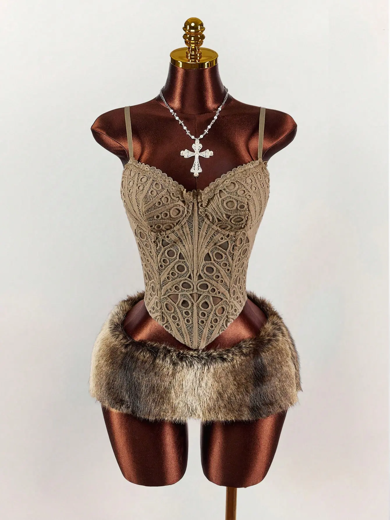 Women's Colorblock Bodysuit & Faux Fur Skirt Set | Sleeveless Sexy Two Piece Outfit | Y2K Party Clubwear Matching Set